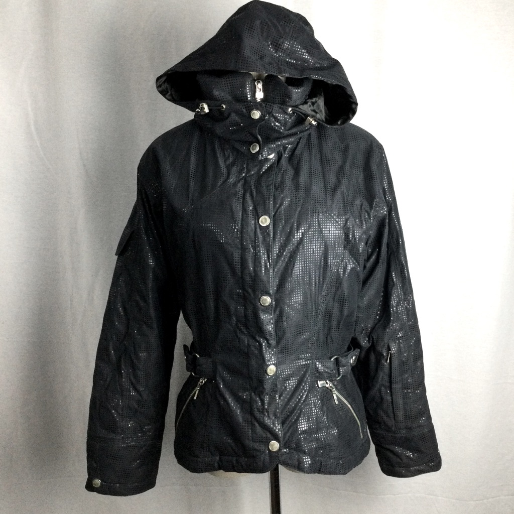 Nils Signature Black Glittery Reflective Geometric Print Puffer Ski Jacket Sz 8